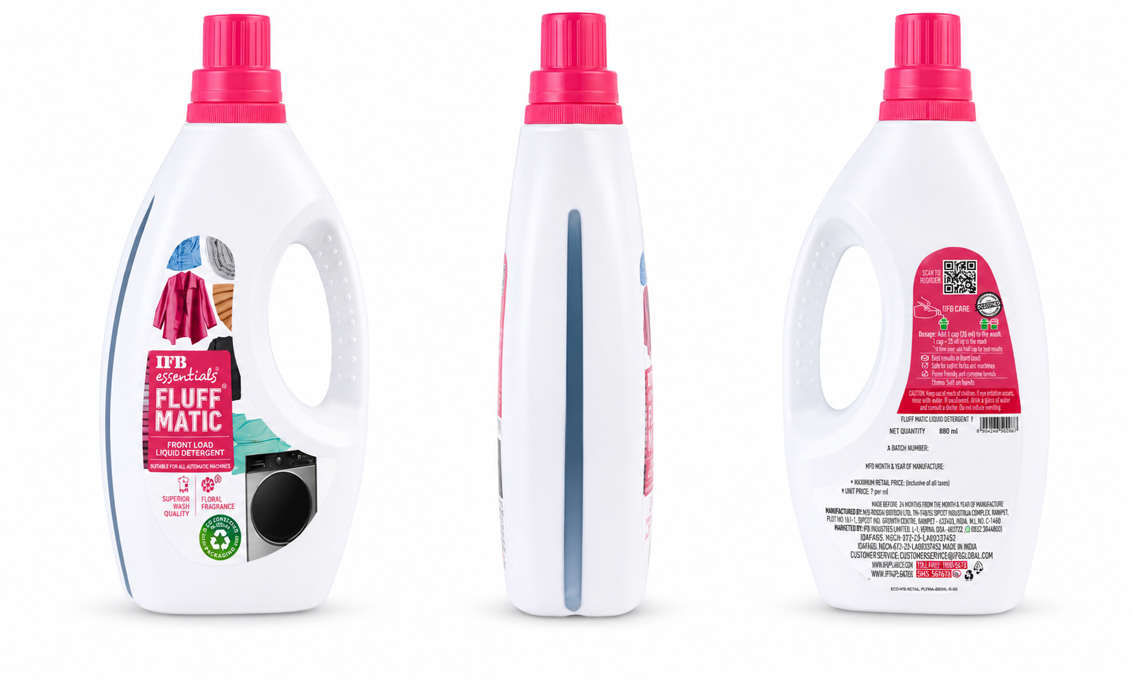 IFB Essentials Fluff Matic 880 ml front load liquid detergent on white background